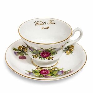 1962 World's Fair Teacup Saucer Windsor Bone China England Gold